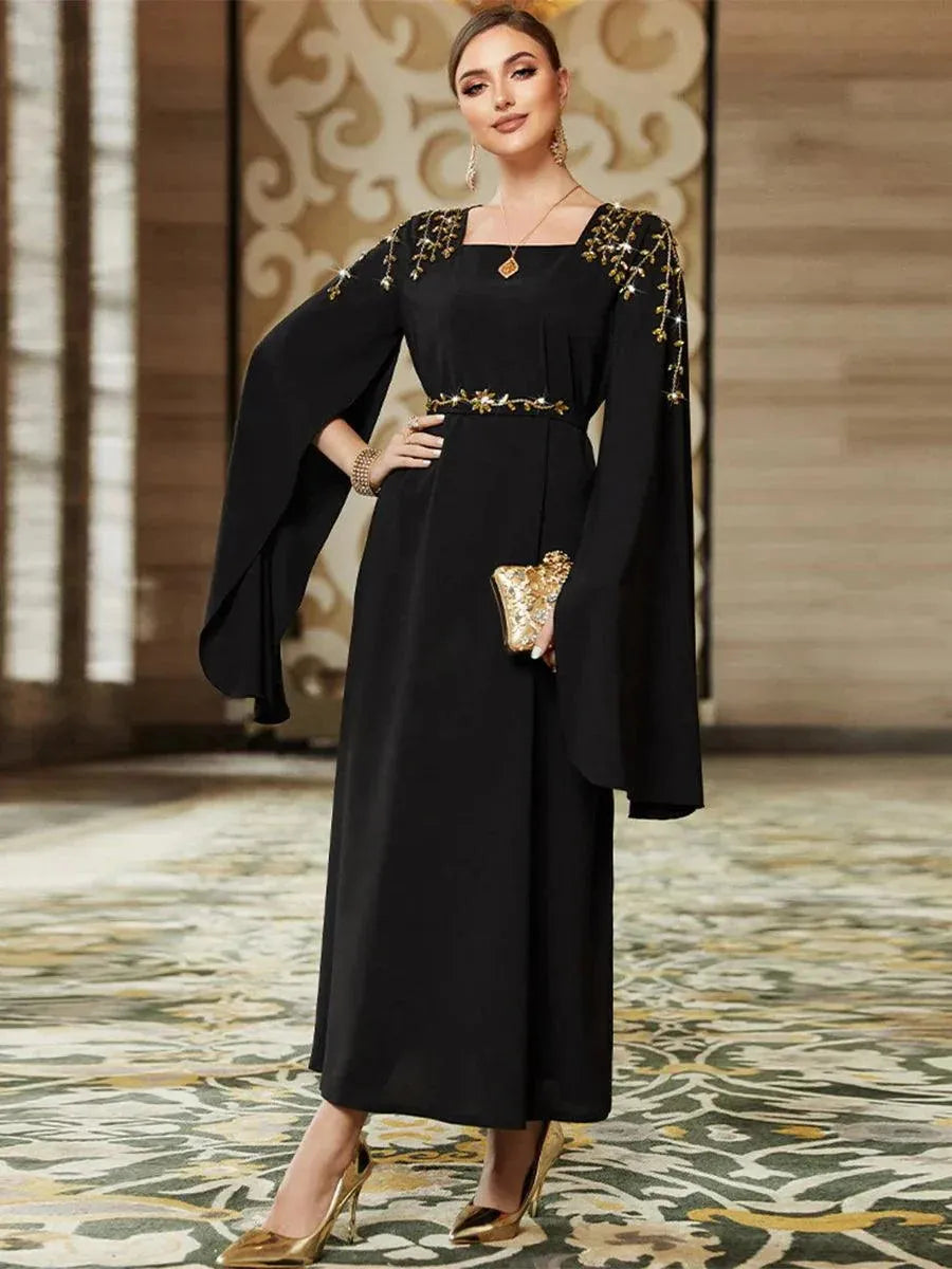 Dubai Fashion Chic Pure Handwork Diamonds Evening Party Gown Super Long Sleeve Square Collar Belted Dress Arab Robe Red Dress