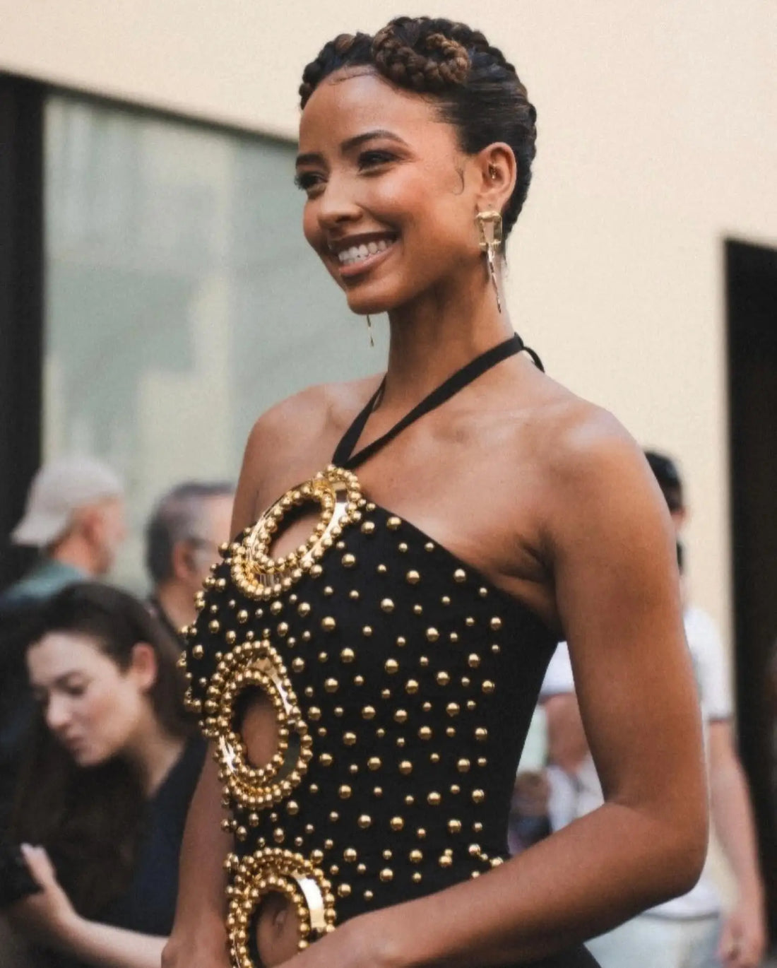 Black Color Women Sexy Halter Off the Shoulder Golden Beading Bodycon Bandage Long Dress Evening Party Celebrate Outfit