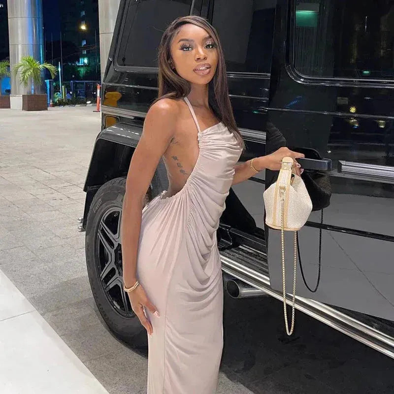 KKBEIER BR21Y587 winter suspender neck back lace up belly pocket loose medium length dress APRICOT