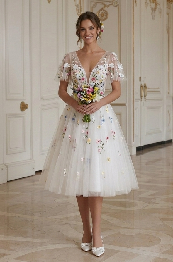 Kurzes Hochzeitskleid für Frühlingshochzeit mit Blumenmuster