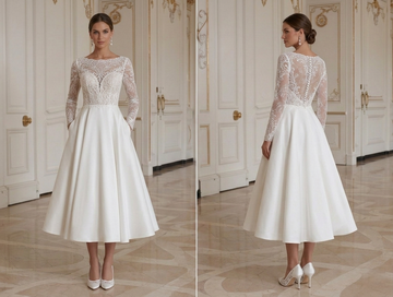 Rochie de mireasă scurtă pentru nuntă de iarnă, elegantă
