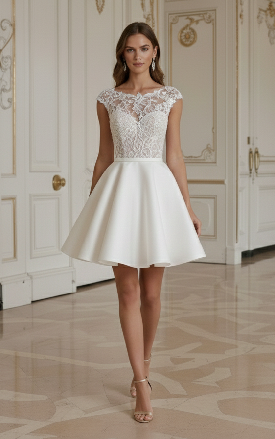 Kurzes Hochzeitskleid mit elegantem, figurbetontem Oberteil