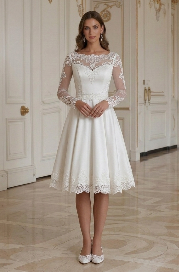 Kurzes Hochzeitskleid mit Spitzenbesatz