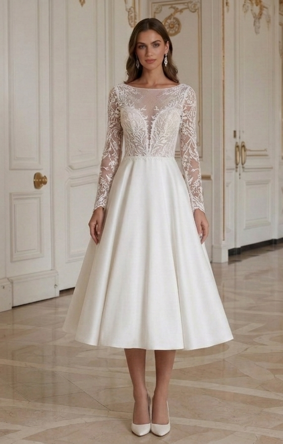 Kurzes Hochzeitskleid mit langen Ärmeln elegant