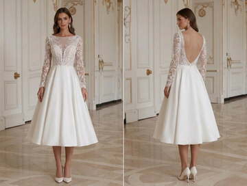 Rochie de mireasă scurtă cu mâneci lungi, elegantă