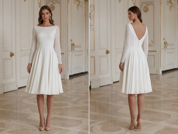 Rochie de mireasă scurtă din material moale și fluid