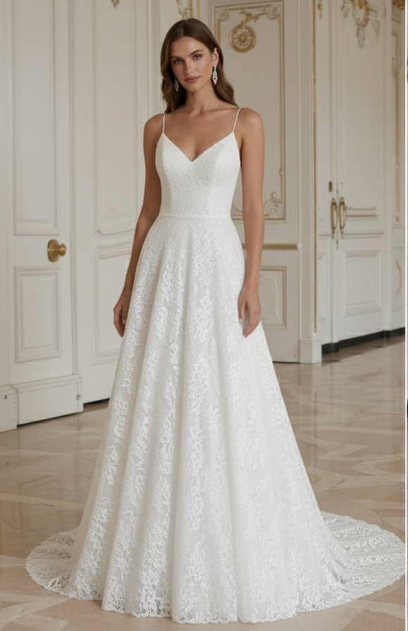 Rochie de mireasă simplă din dantelă, stil minimalist pentru mireasă
