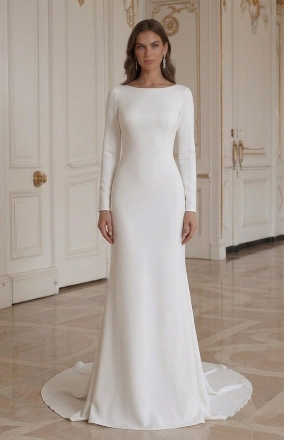 Eenvoudige trouwjurk met lange mouwen Minimalistische bruidsstijl