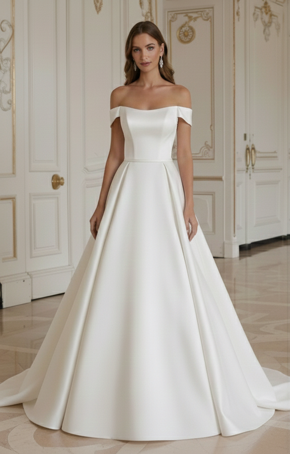 Enkel Prinsess Brudklänning Ren Satin Elegant Brud