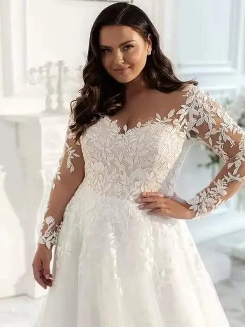 Vintage Lace Wedding Dresses Plus Size Elegant Big Women's Long Sleeves Scoop A Line Tulle Bridal Gowns свадебное платье Robe De Beige