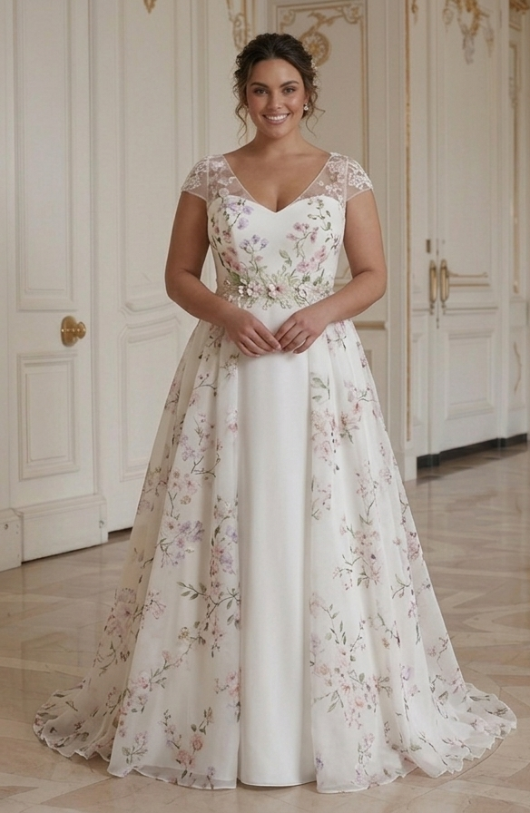 Spring Wedding Dress For Plus Size Bride Floral Romantic Bridal