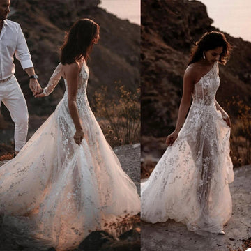 Beach Elegant One Shoulder Wedding Dress For Women Illusion Lace Appliques A Line Simple Bridal Gown Robe De Mariee