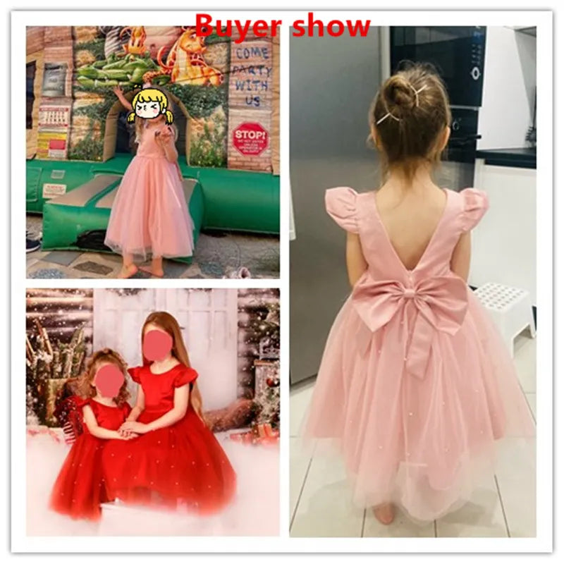 Summer Girls Lace Dresses For Kids 1-5 Year Flower Birthday Tulle Dress Backless Bow Princess Wedding Gown Kids Party Wear Child Sarah Houston