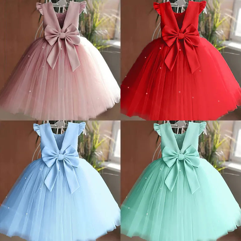 Summer Girls Lace Dresses For Kids 1-5 Year Flower Birthday Tulle Dress Backless Bow Princess Wedding Gown Kids Party Wear Child Sarah Houston