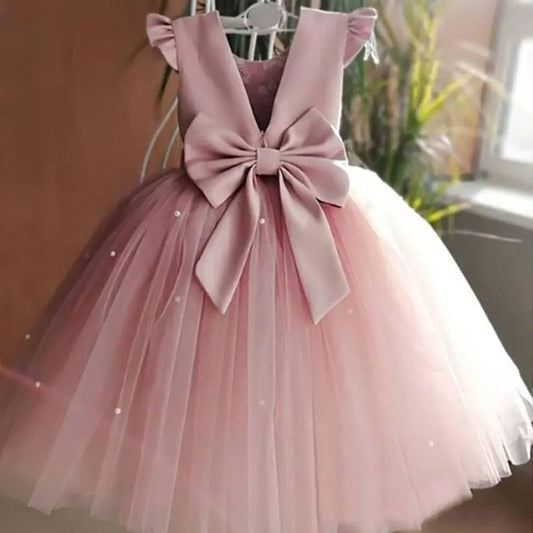 Summer Girls Lace Dresses For Kids 1-5 Year Flower Birthday Tulle Dress Backless Bow Princess Wedding Gown Kids Party Wear Child Sarah Houston