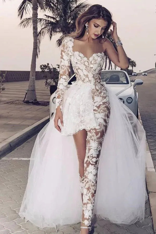 Elegant Wedding Dresses for Women Lace Appliques One Shoulder Overskirts Wedding Dress with Pants Robe De Mariée SWEETHEART Boho