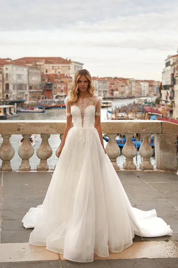 Elegant A-Line Wedding Dress Women Open Back V-Neck Lace Tulle Bridal Gown Vestidos De Noiva Customized