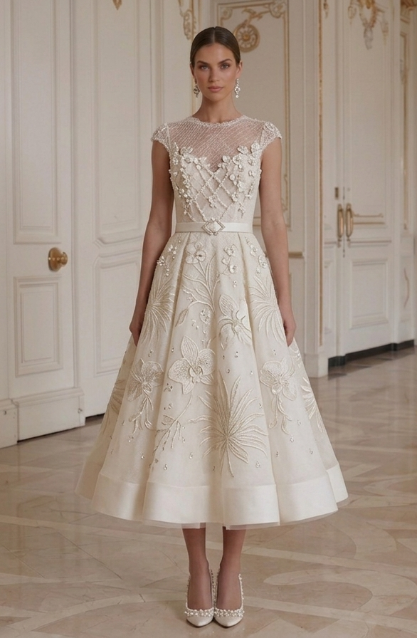 Tea Length Wedding Dress A-Line Short Bridal Style