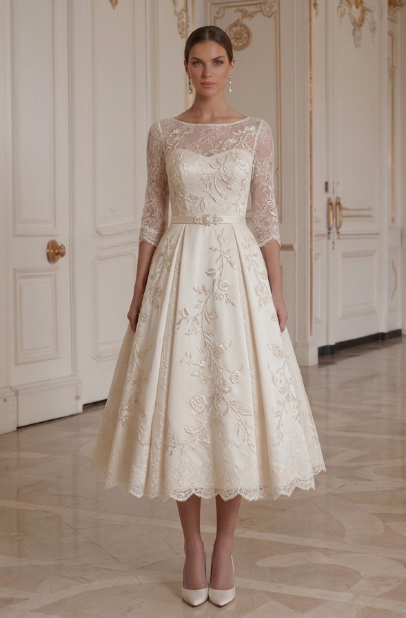 Tea Length Wedding Dress Feminine Retro Bridal Style