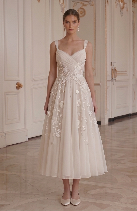 Brautkleid in Tea-Länge für Strandhochzeitsfeier