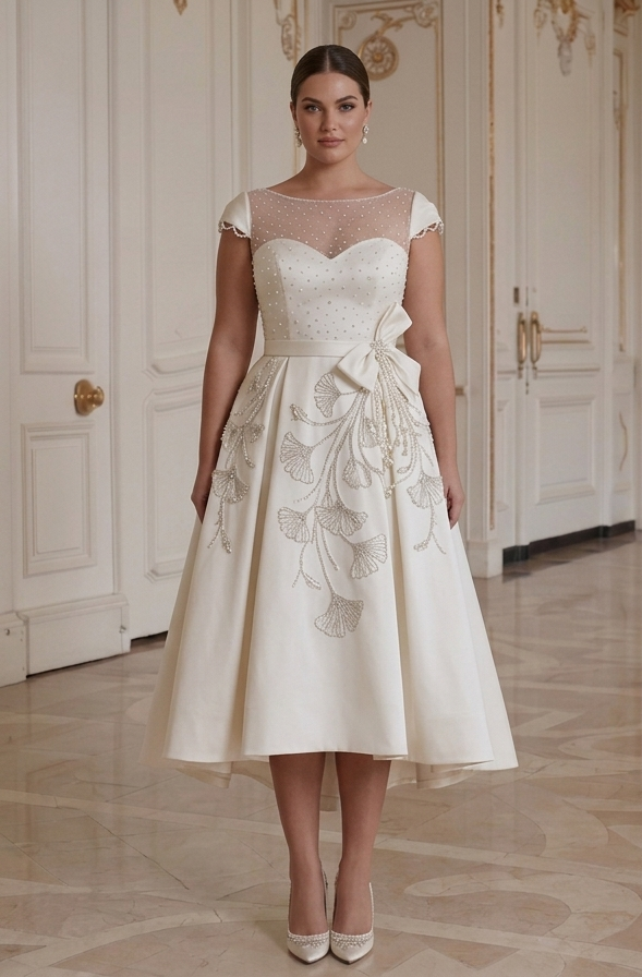 Tea Length Wedding Dress For Curvy Bride Elegant Style