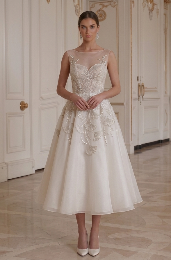 Brautkleid in Tea-Länge für Gartenhochzeit Brautstil