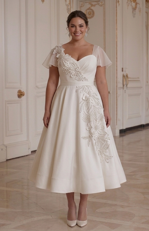 Tea Length Wedding Dress For Plus Size Bride Flattering Fit