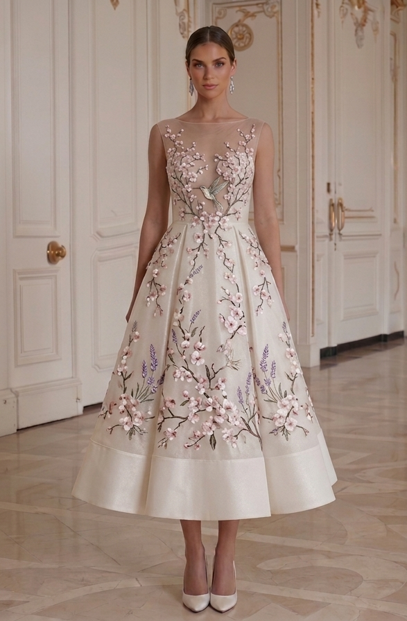 Brautkleid in Tea-Länge für Frühlingshochzeit