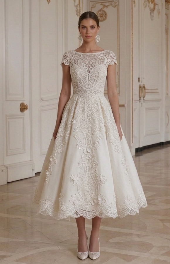 Tea Length Wedding Dress Romantic Lace Style