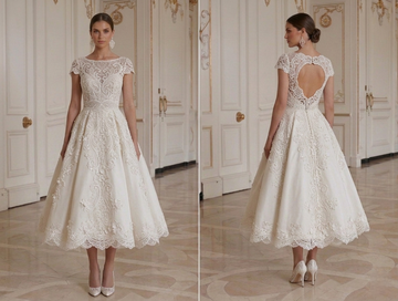 Brautkleid in Tea-Länge, romantischer Spitzenstil