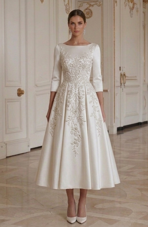 Tea Length Wedding Dress Satin Classic Bridal Gown