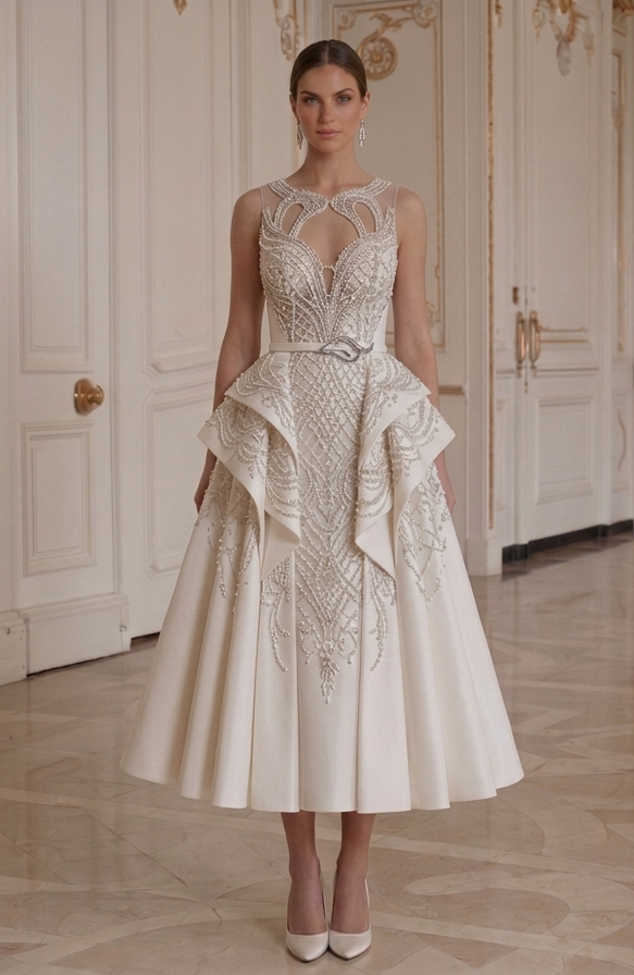 Hochzeitskleid in Tea-Länge mit modelliertem Oberteil Brautkleid