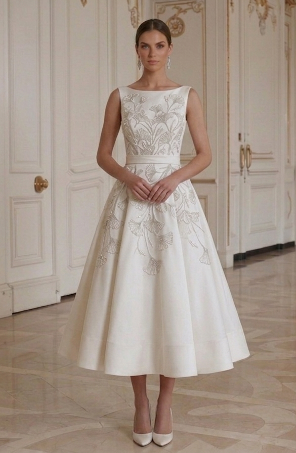 Brautkleid in Tea-Länge Zeitlos Elfenbeinfarben