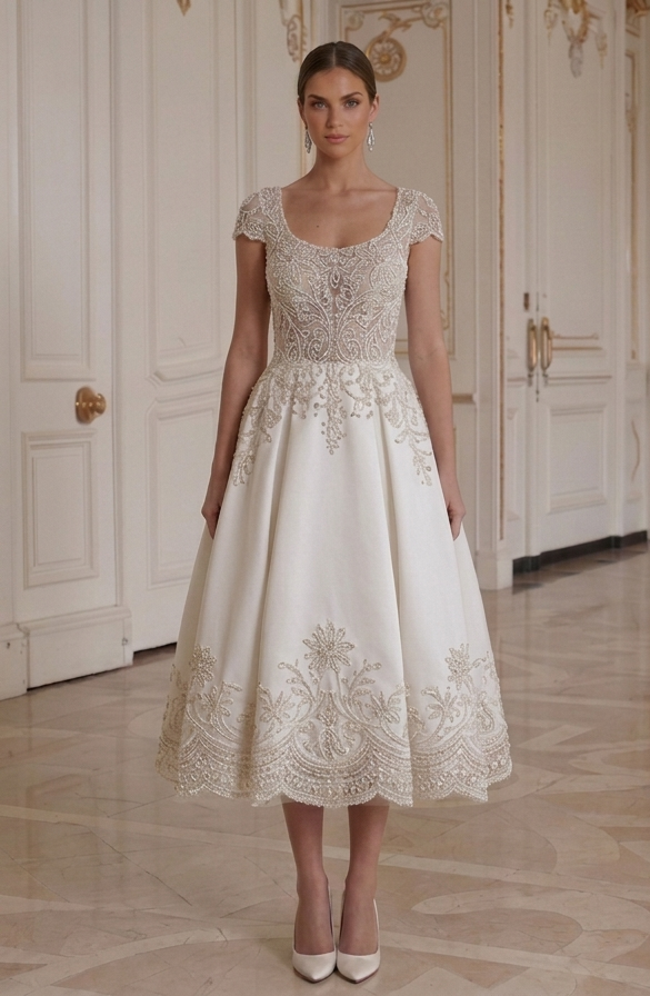 Tea Length Wedding Dress With Beaded Lace Bridal