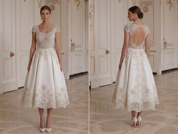 Rochie de mireasă lungime ceai cu dantelă brodată cu mărgele