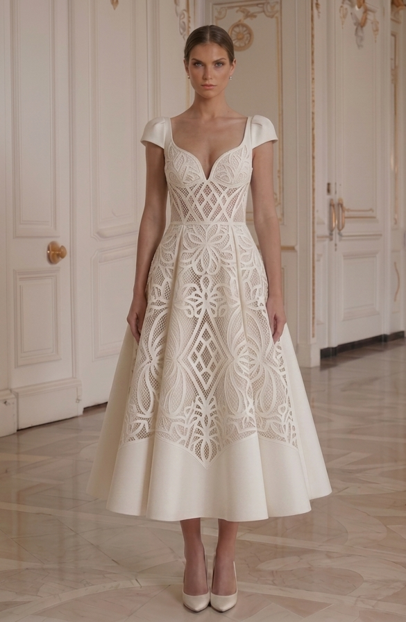 Tea Length Wedding Dress With Cap Sleeves Bridal