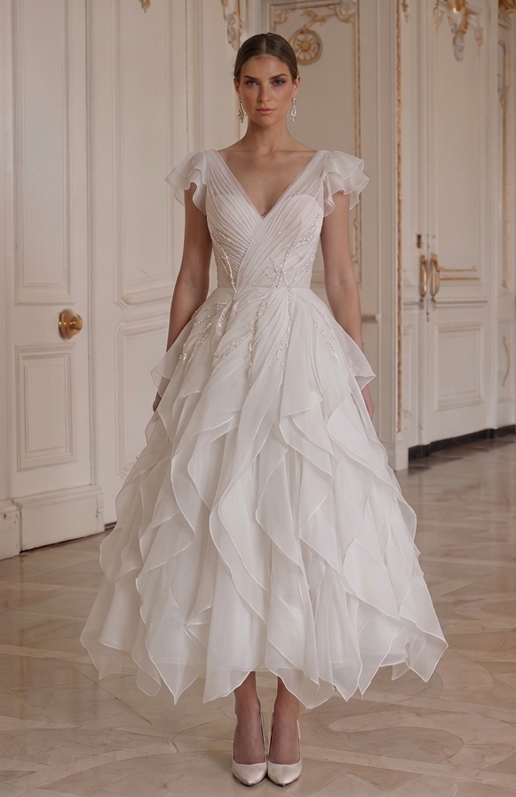 Tea Length Wedding Dress With Chiffon Layer Bridal