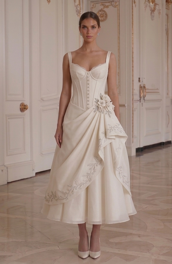 Tea Length Wedding Dress With Corset Bodice Bridal