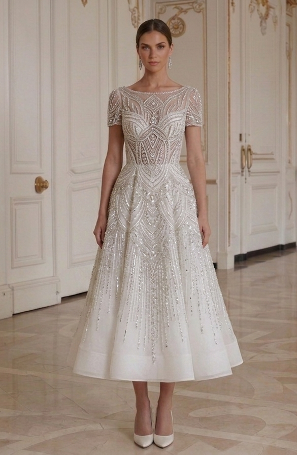 Tea Length Wedding Dress With Crystal Beading Bridal