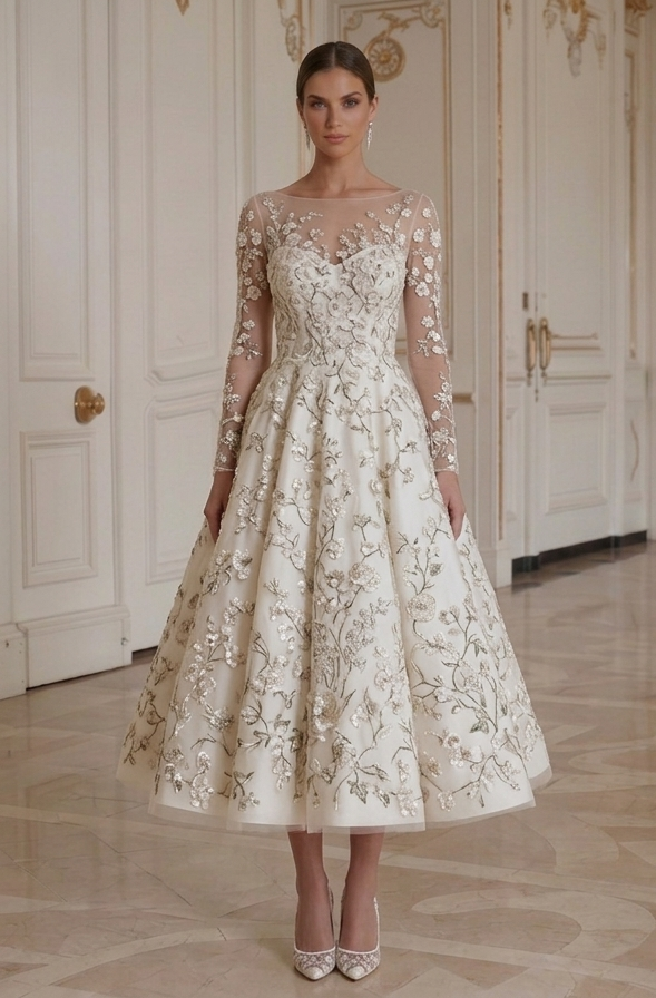 Tea Length Wedding Dress With Floral Embroidery Bridal