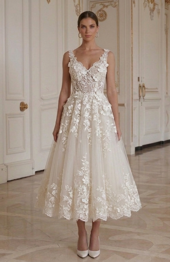 Brautkleid in Tea-Länge mit floralen Spitzen-Details