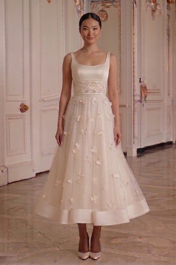 Tea Length Wedding Dress With High Waist Design