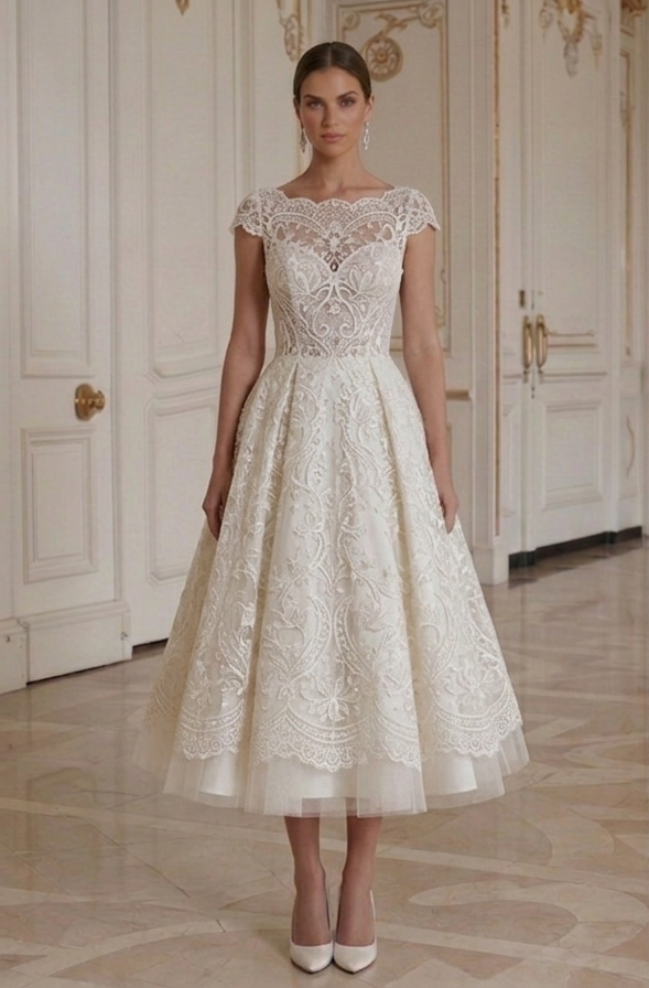 Brautkleid in Tea-Länge mit Spitzenüberzug