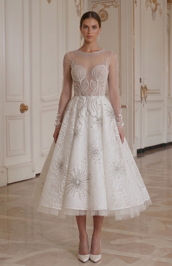 Tea Length Wedding Dress With Long Sleeves Bridal
