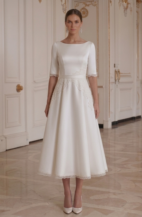 Tea Length Wedding Dress With Minimal Lace Detail