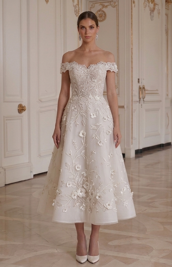 Tea Length Wedding Dress With Off Shoulder Style
