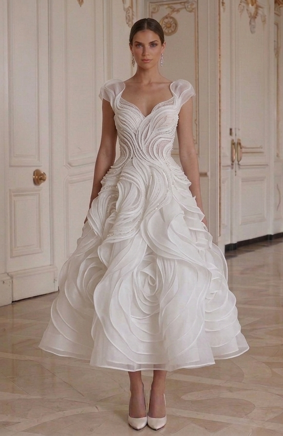 Tea Length Wedding Dress With Organza Fabric Bridal