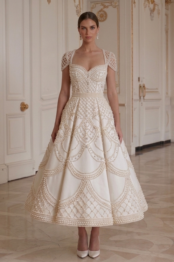 Tea Length Wedding Dress With Pearl Detail Bridal