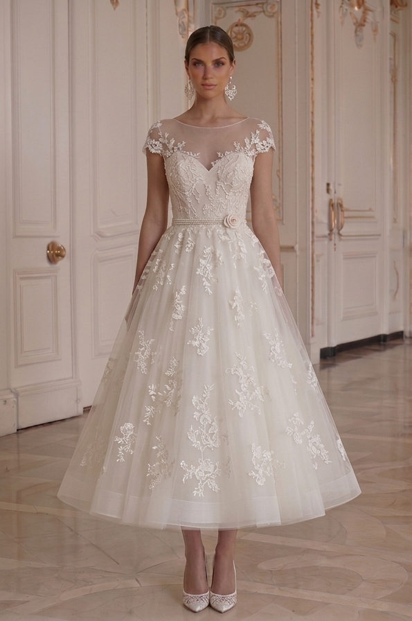 Romantik Sırt Detaylı Çay Boyu Gelinlik