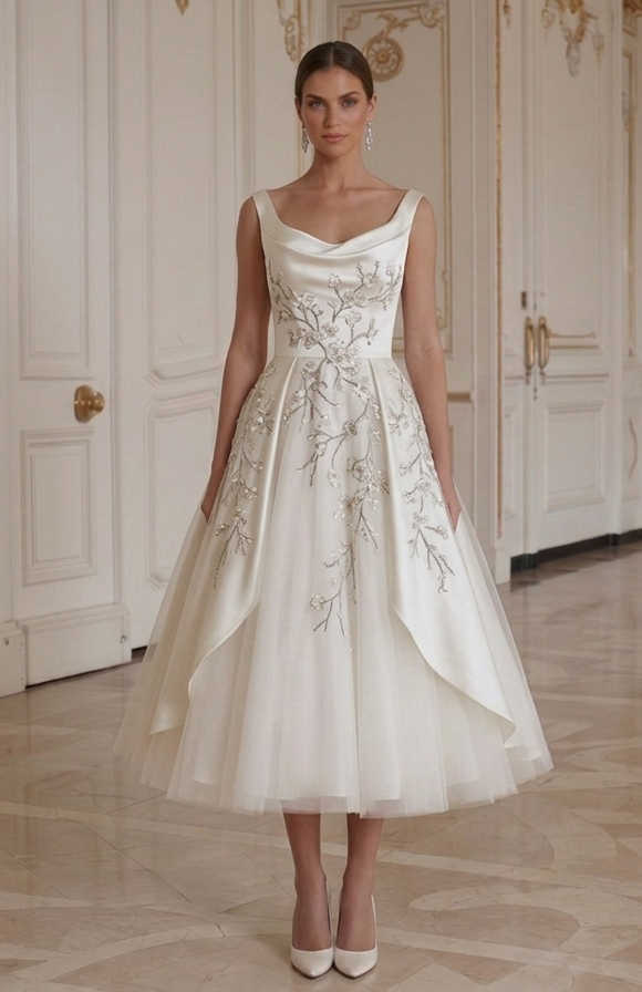 Tea Length Wedding Dress With Satin Bodice Bridal